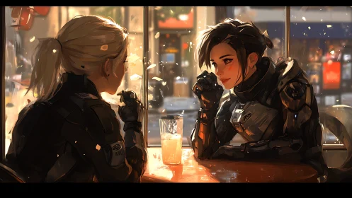 Armored operatives in tactical exosuits sharing quiet café interlude.