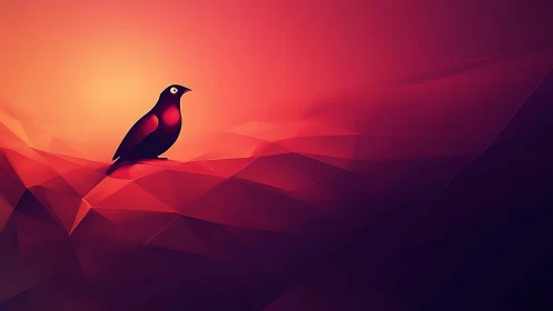 Geometric bird silhouette on low-poly gradient terrain.