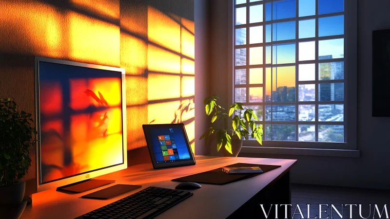 Sunlit tech nook where warm pixels flirt with city dusk.