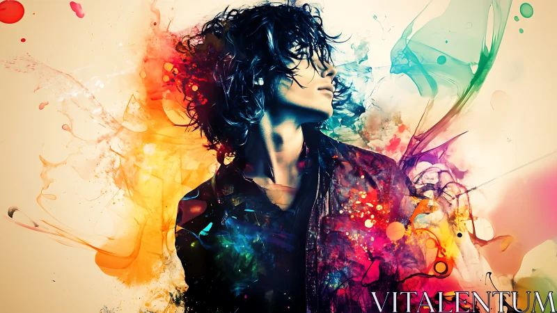 Vibrant digital portrait explodes with color and motion around figure
