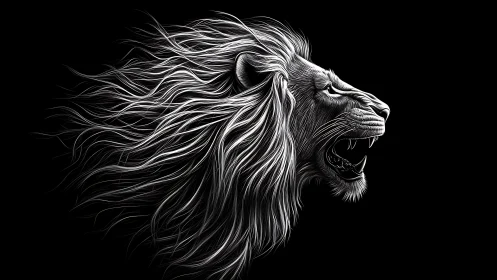 Monochrome vector lion profile renders dynamic flowing mane
