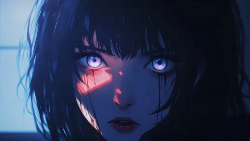 Blue-eyed girl under neon light with bleeding tears gaze.