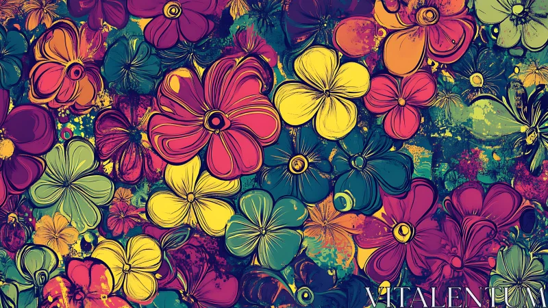 Densely layered floral composition with multi-hued botanical forms.
