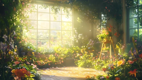 Sunlit floral conservatory interior rendered in soft digital light