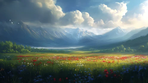 Sunlit wildflower valley beneath dramatic mountain clouds.