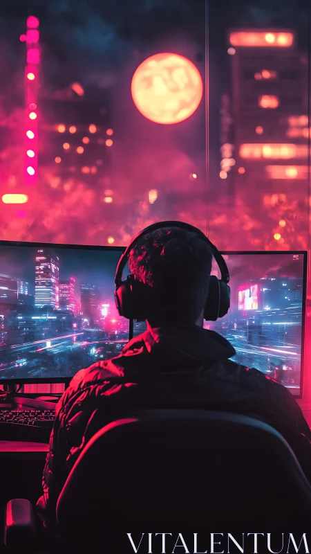 Gamer views neon cyberpunk cityscape across ultra-wide monitors
