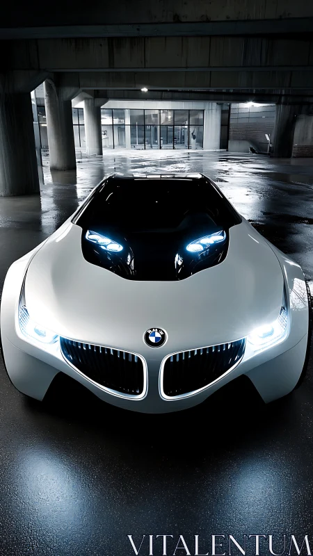 Futuristic white sports car glows under wet urban overpass.