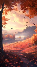 Crimson valley path under birds and molten autumn light.