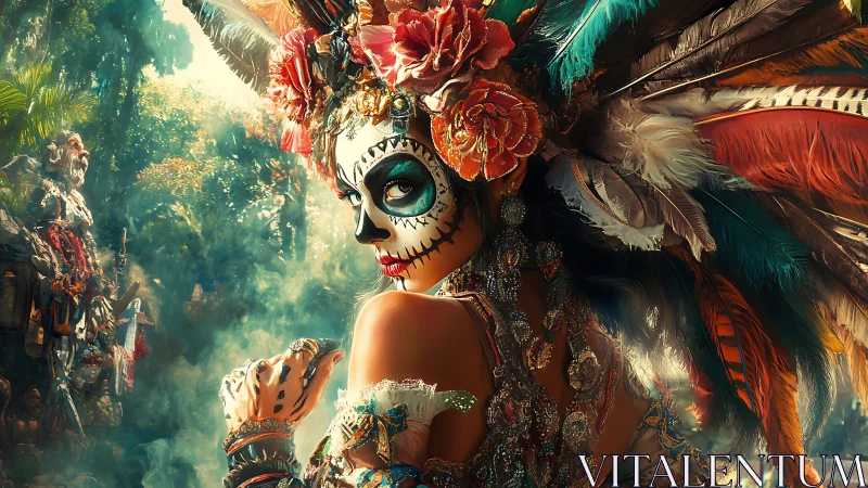 Mystic calavera queen gazes back amid lush jungle haze
