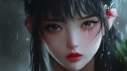 Rain-kissed girl gazes softly ahead with shining teardrop eyes