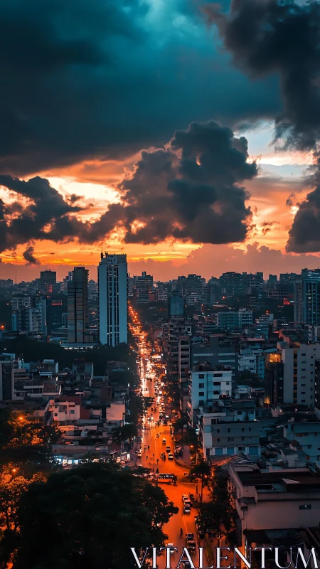 Vertical cityscape under storm front at tungsten dusk