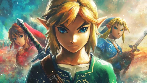 Triad of fantasy warriors in stylized illustrative portrait.