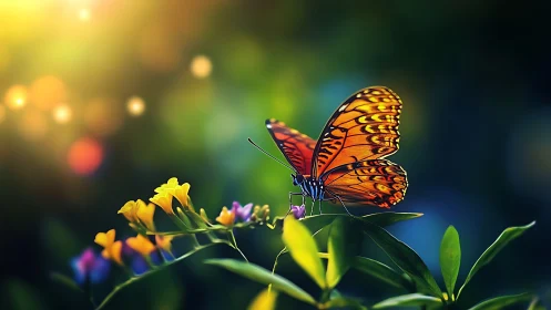 Digital painting of monarch butterfly on luminous garden perch.