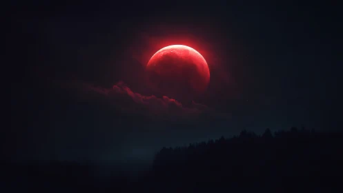 Digital painting of a blood-red lunar eclipse above forest silhouettes.