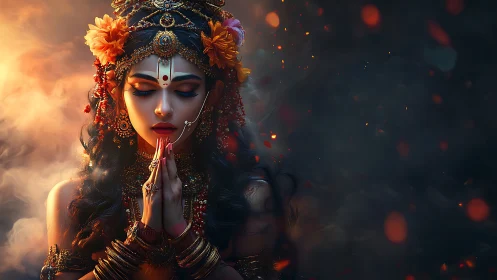 Divine goddess in fiery prayer amid swirling embers.