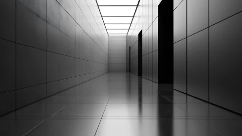 Minimalist metallic corridor with glossy reflective walls.
