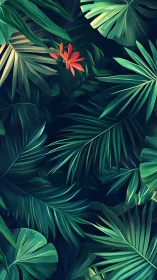 Digital painting of layered tropical foliage with floral accent.