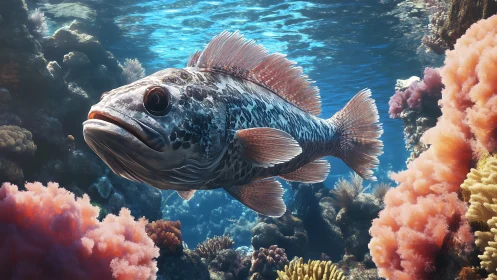 Spotted reef fish swimming among coral structures underwater.