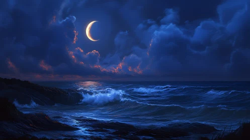 Crescent moon over storm-lit midnight ocean waves.