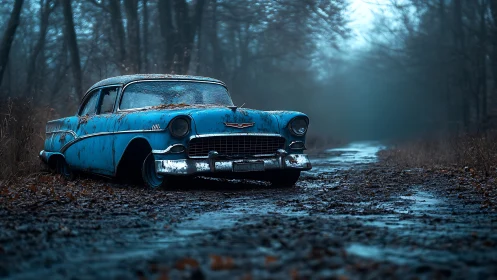 Rusting blue classic car abandoned on misty forest road.