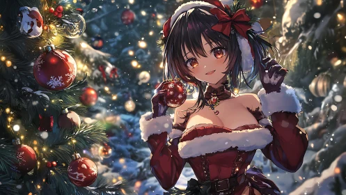Sparkling anime girl in crimson Christmas evening scene.