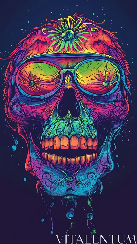 Neon spectral skull with psychedelic floral refractions rendered.