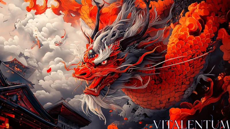 Blazing crimson dragon over stormy temple rooftops.