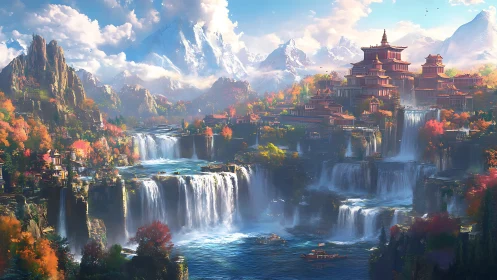 Mountain temple city above layered waterfalls in autumn