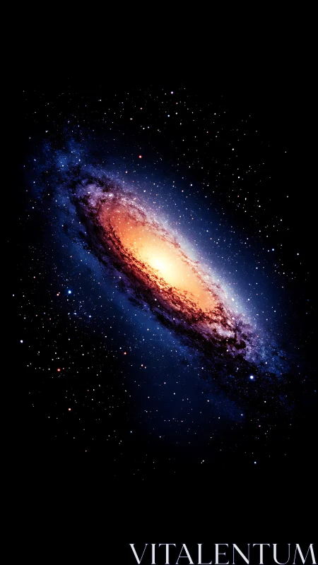 Spiral galaxy glows with bright golden core in deep space