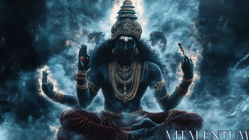 Multilimbed cosmic deity in turbulent volumetric cloudfield.