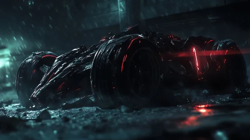 Midnight cyberpunk street racer glowing in the rain.