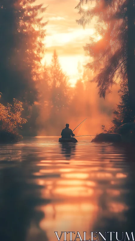 Solitary angler drifting through a river of molten dawn light.