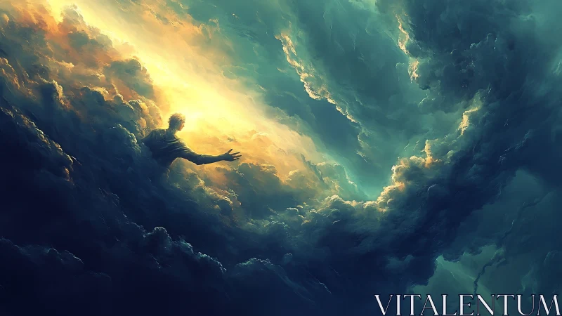 Storm-carved figure reaches through a glowing celestial rift