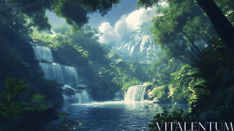 Cascading Waterfalls in Verdant Canyon Paradise.