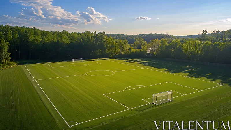 Sunlit soccer pitch bordered by dense summer forest.