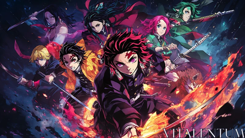 Dynamic anime battle group advances with flaming sword effects