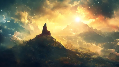 Solitary robed figure on illuminated mountain ridge at sunrise.
