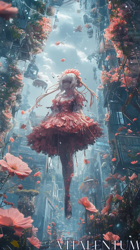 Aerial floral android amid vertical neo-urban canyonscape.