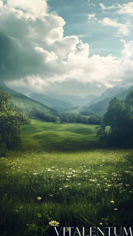 Cloud giants lean over a whispering valley of wildflowers