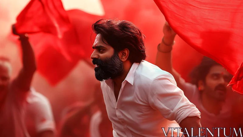 Photorealistic crowd portrait under dynamic red banners.