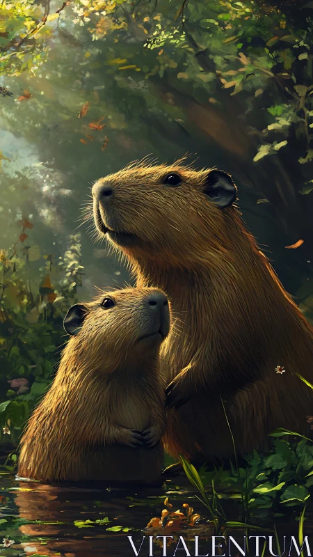 Forest-lit capybara guardians pausing in a golden hush.