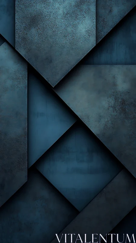 Overlapping blue metal plates form a geometric layered field