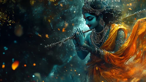 Blue-skinned deity figure playing flute with orange drapery.