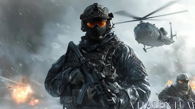 Frostfront commando strides through ash and rotor thunder.