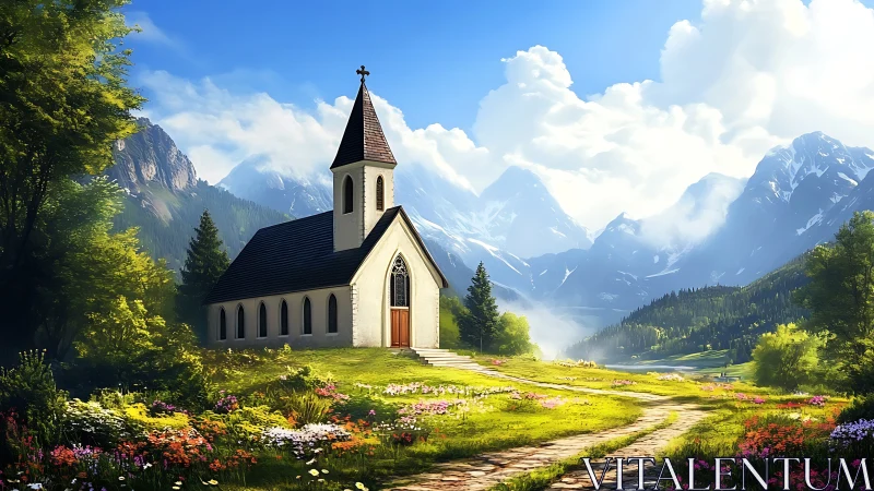 Mountain valley church with floral meadow and distant peaks.