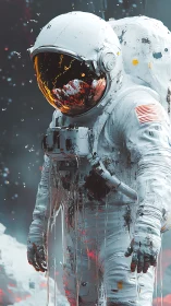 Astronaut stands in deteriorating suit with reflective visor