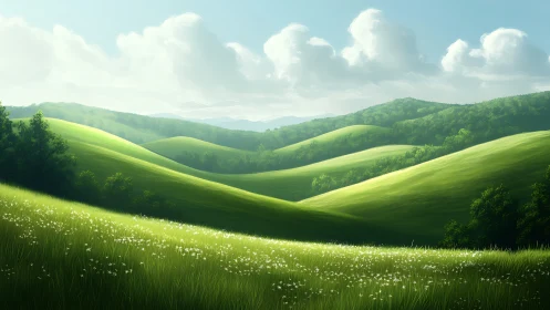 Sunlit grassy hills recede under cumuliform cloud strata