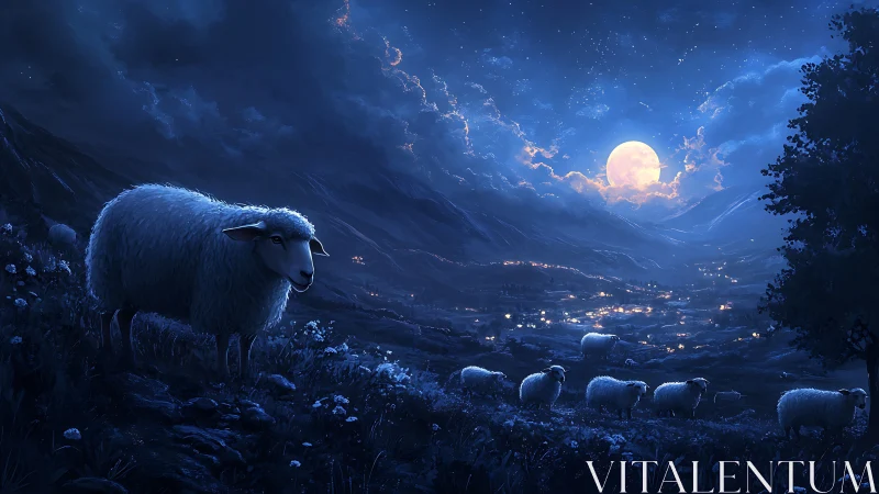 Moonlit sheep graze above glowing valley under deep blue sky.