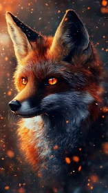 Fiery-eyed fox gazes through drifting embers at twilight