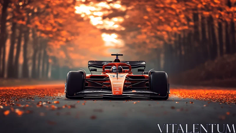 Scarlet Formula racer amid glowing autumn forest road.